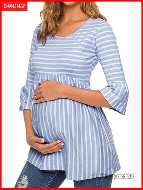 Maternity Peplum Striped Blouse 3/4 Ruffle Sleeve Soft